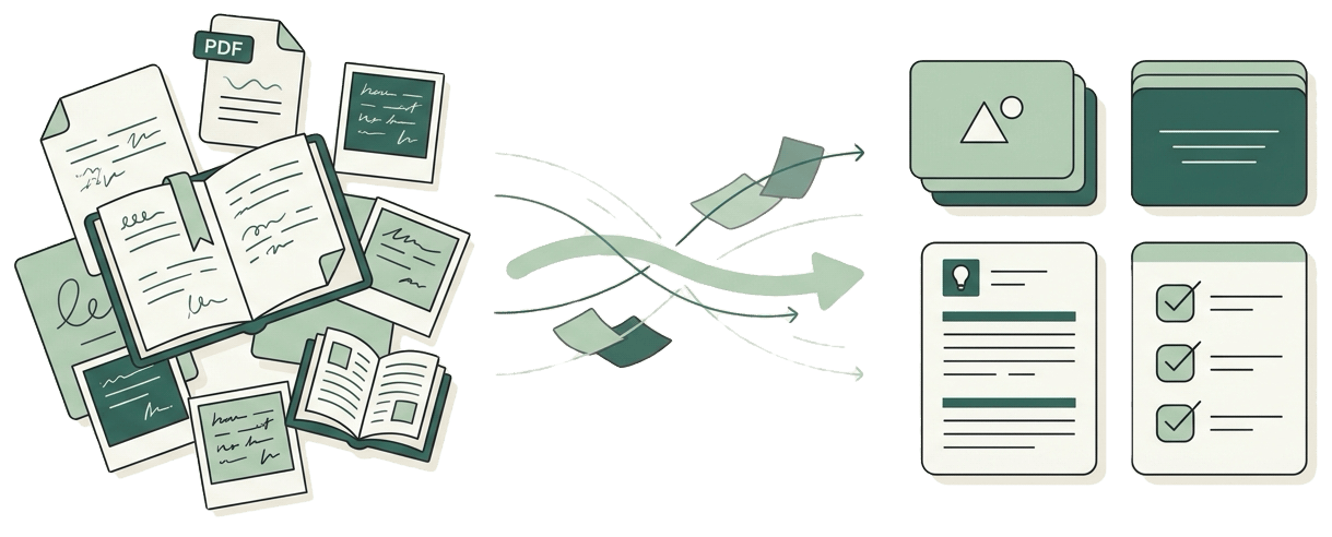 Scattered notes, PDFs, and slides transformed into an organized study set with summaries, flashcards, and quizzes